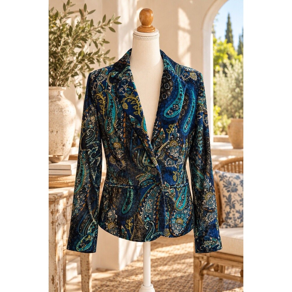 Chico's Size 1 Blue Teal Paisley Velvet Blazer Jacket Boho Artsy Statement